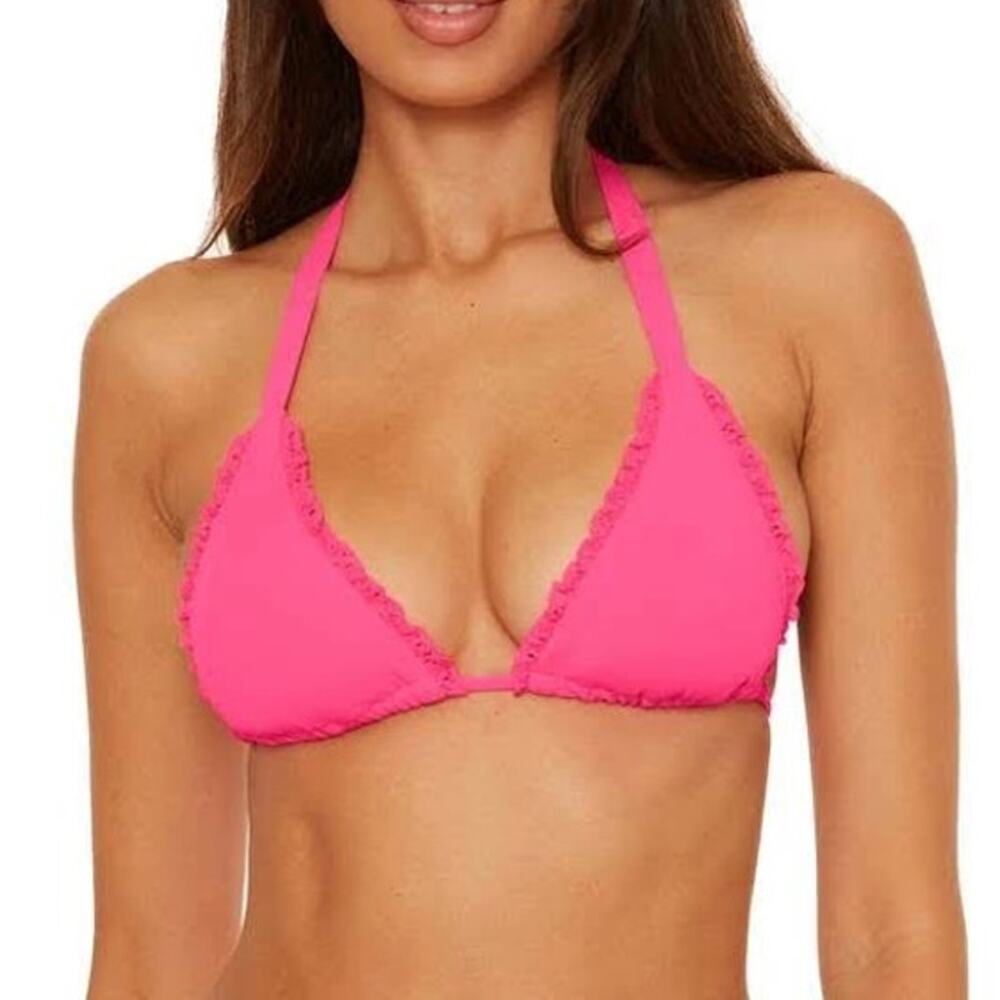 NWOT Becca Punch Pink Frills Crochet Lace Ruffle Trim Triangle Bikini Top Size M